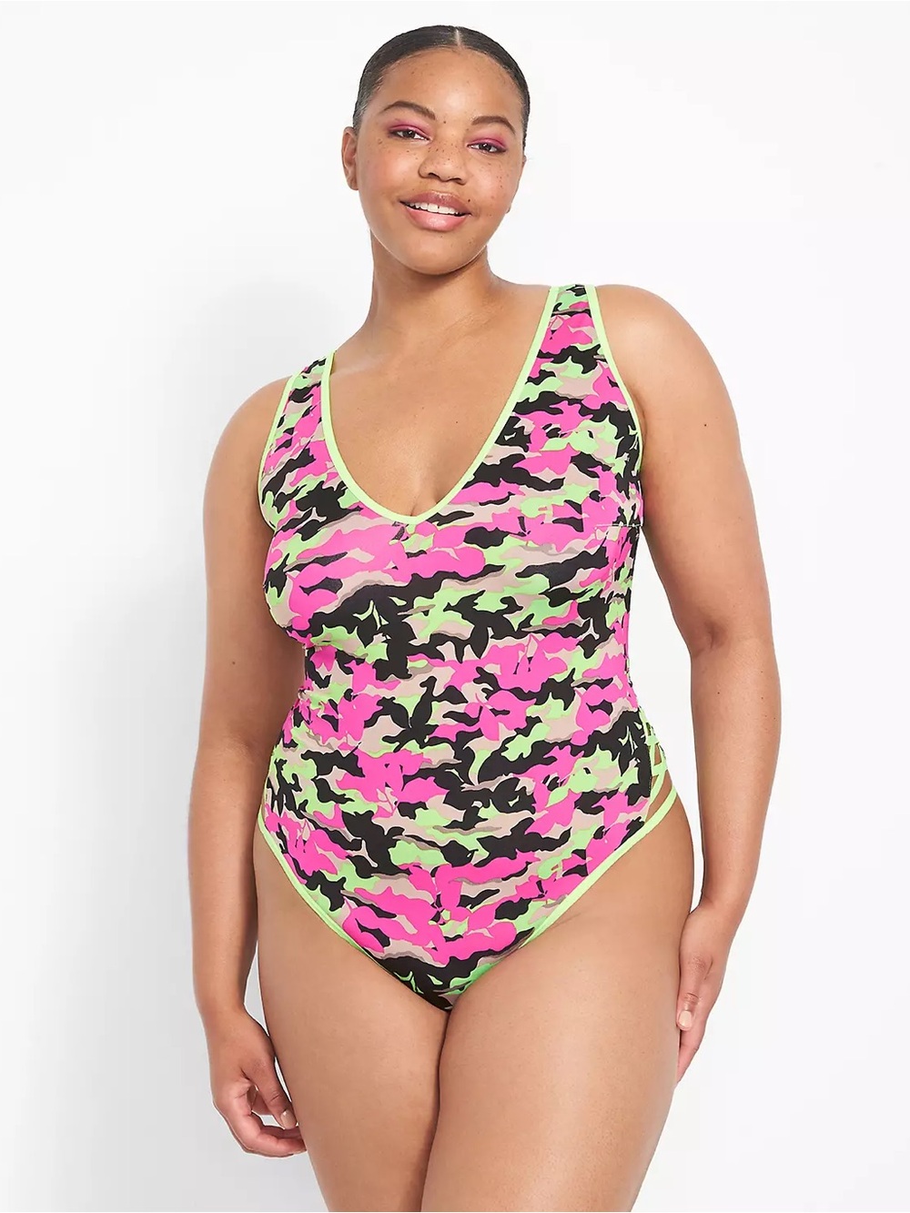NWT Cacique Microfiber Strappy Bodysuit Thong Lingerie Bold Pink Plaid 26 28